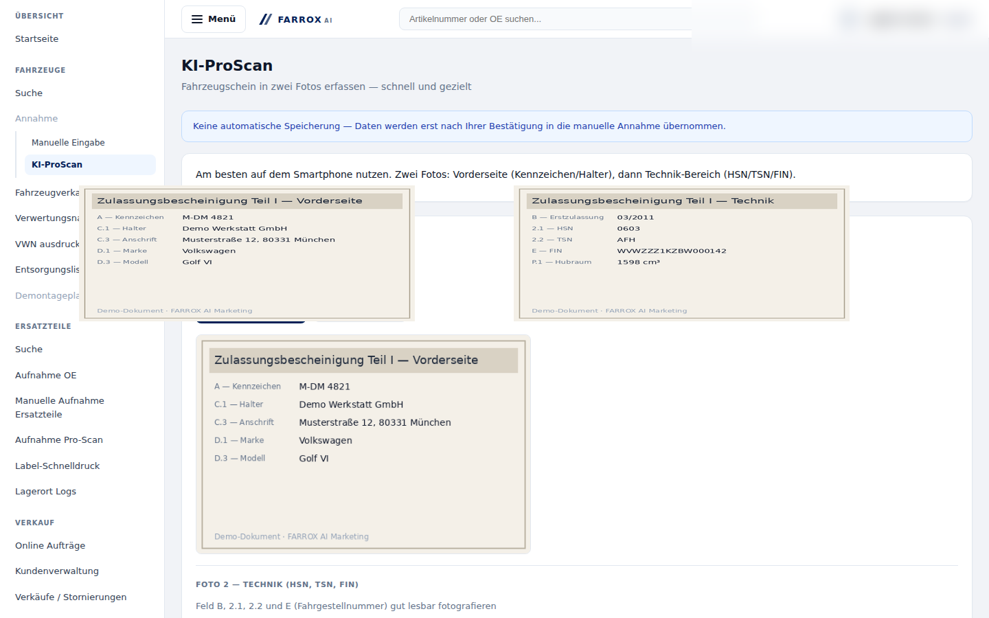 Screenshot Farrox ERP ProScan / KI-Erfassung